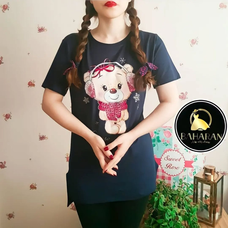 تیشرت دخترانه مدل پشت بلند طرح خرس ویسکوز نخ ۱۰۰٪بهار پوش