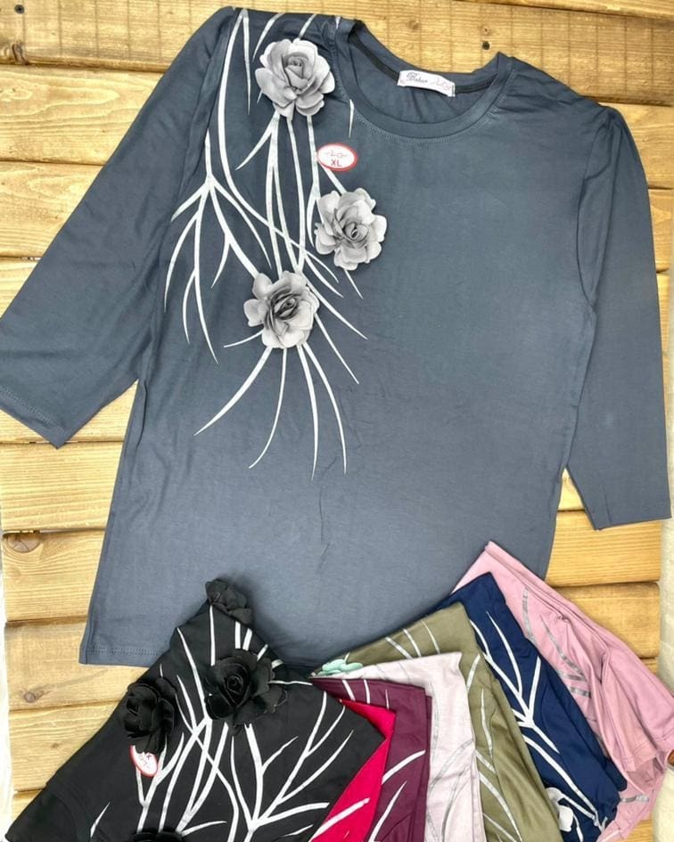 بلوز دخترانه استین سه رب گل برجسته سایز ایکس