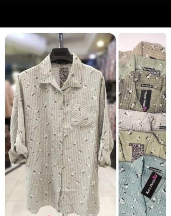 مانتو دخترانه لینن شکوفه گچی فری سایز تا ۴۸