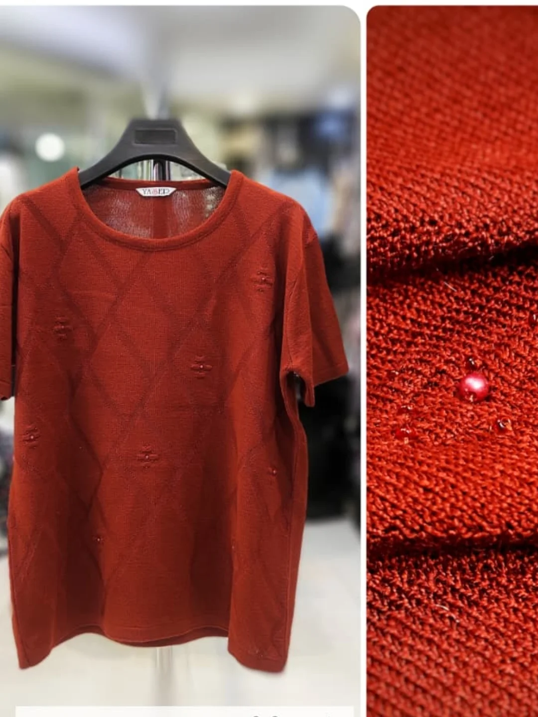 بلوز آستین کوتاه  دخترانه بافت منجق دوزی شده  یقه گرد طرح لوزی سایز ۳۸تا ۴۴