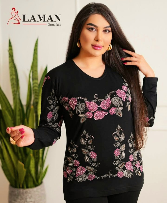 بلوز زنانه استین بلند لامان ترک ملیله دوزی دست دو رنگ مشکی و سرمه ای سایز ۴۰ تا ۵۰